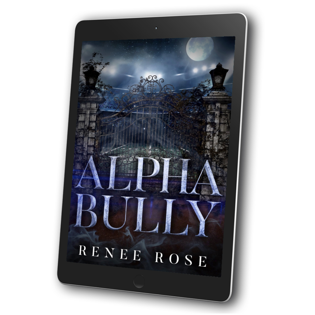 Image of an ebook. The cover features a metal car fence with the full moon in the background. In blue bold text is the title "Alpha Bully." On the bottom in white text is "Renee Rose"