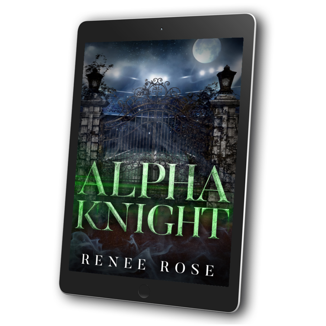 Image of an ebook. The cover features a metal car gate with a full moon in the background. In green bold text is the title "Alpha Knight." On the bottom of the cover in white text is "Renee Rose."