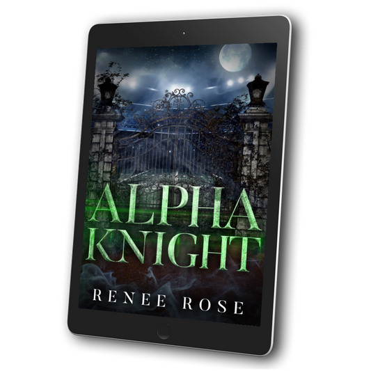 Image of an ebook. The cover features a metal car gate with a full moon in the background. In green bold text is the title "Alpha Knight." On the bottom of the cover in white text is "Renee Rose."