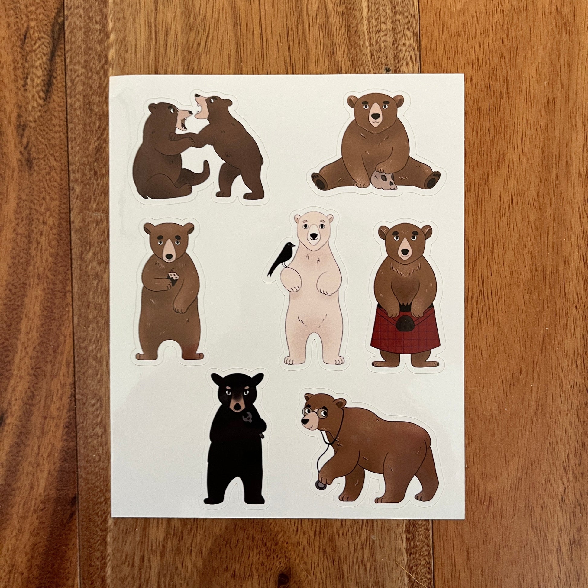 7 bear stickers on a sheet