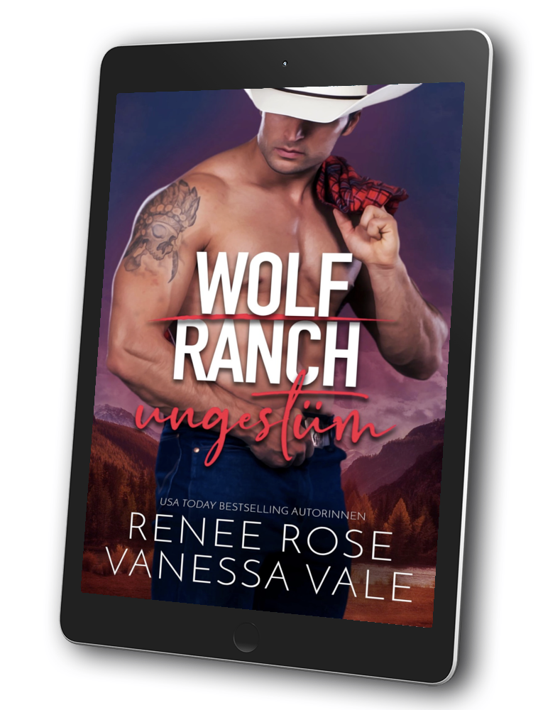 A tablet device displaying a romance book cover titled "Wolf Ranch Vngestum" by Renee Rose Vanessa Vale, shown on a clean white background with a soft shadow.