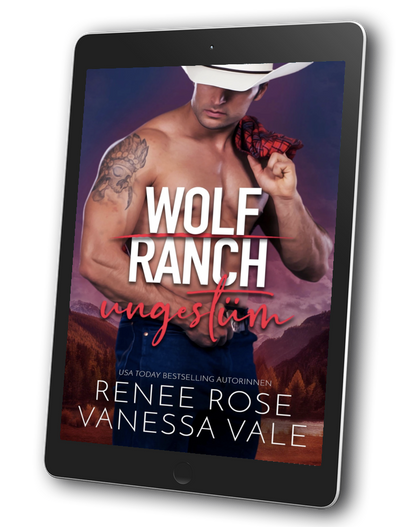 A tablet device displaying a romance book cover titled "Wolf Ranch Vngestum" by Renee Rose Vanessa Vale, shown on a clean white background with a soft shadow.
