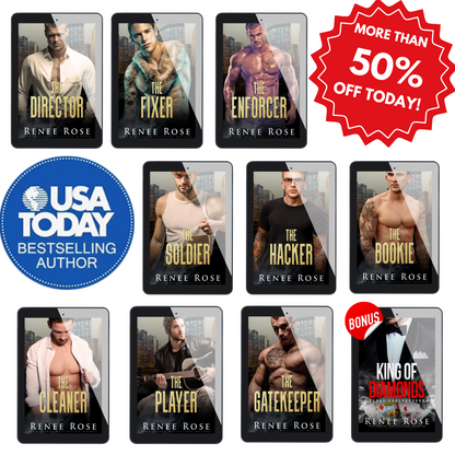 Ten eBooks in three rows. Nine are the complete Bratva set. One ebook is the "King of Diamonds" from the Vegas Underground series with a bonus sticker. There is a red "MORE THAN 50% OFF TODAY" sticker. There is a blue "USA TODAY BESTSELLING AUTHOR" badge