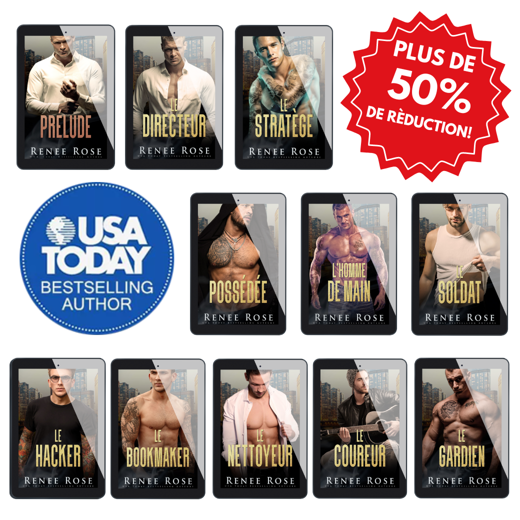 Eleven eBooks in three rows. They featuring each cover from the Chicago Bratva series. There is a red "PLUS DE 50% DE REDUCTION" sticker. There is a blue "USA TODAY BESTSELLING AUTHOR" badge