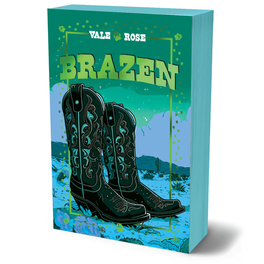 A rectangular box or package standing upright on a white background, featuring illustrated black cowboy boots with turquoise detailing, a desert landscape, and the text 'VALE ROSE BRAZEN' on the front.