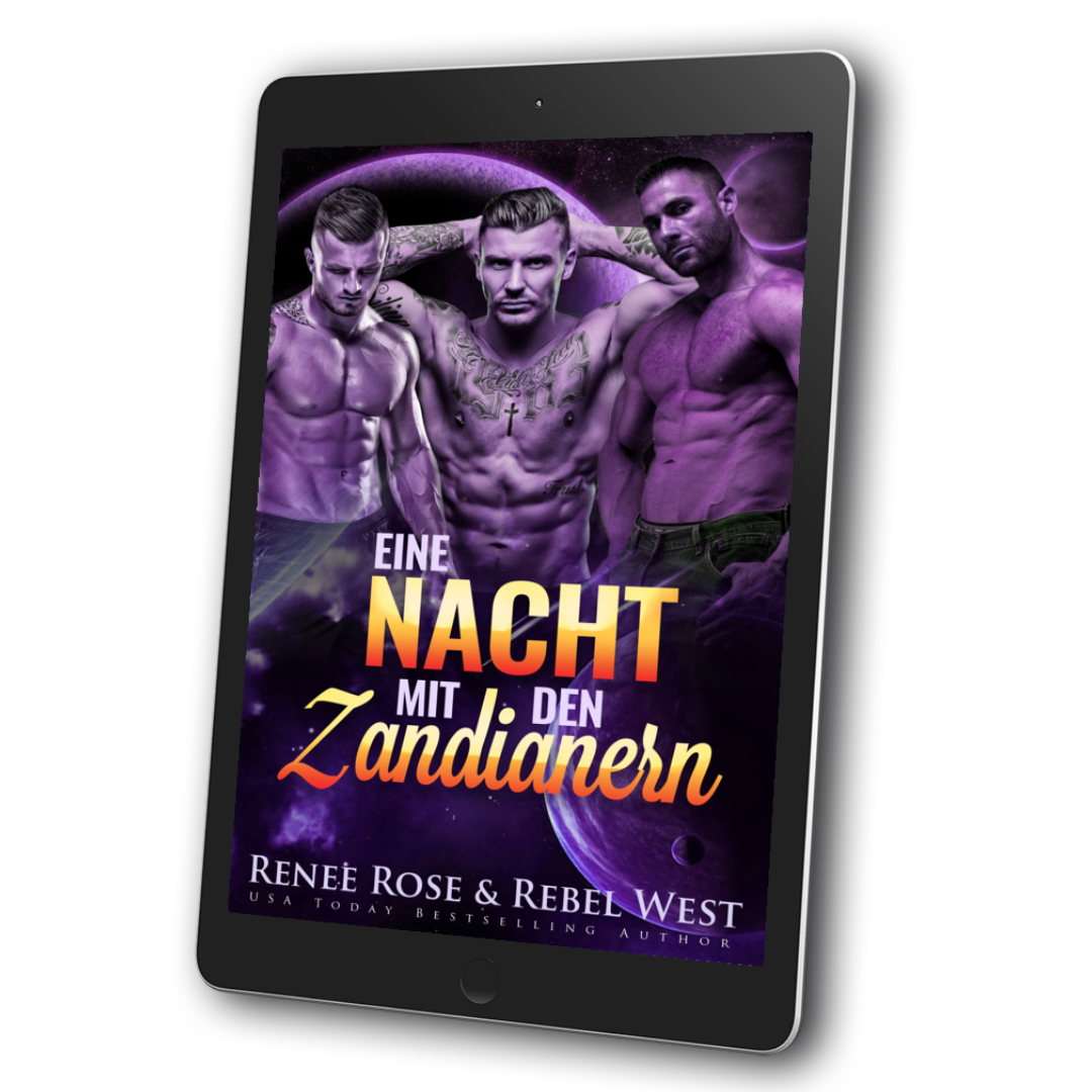 Image of an ebook. The cover is tinted purple. There are three buff, shirtless men on the cover. Two of which are tattooed. In the background is space and planets. In lavender and orange text is the title "Eine Nacht Mit Den Zandianern." On the bottom of the cover in lavender text is "Renee Rose & Rebel West USA Today Bestselling Author"