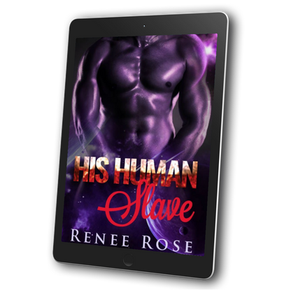 Image of an ebook. cover features a shirtless, buff man in purple lighting. The background has a purple star and a planet. In red text is the title "His Human Slave." On the bottom of the cover in lavender text is "Renee Rose"