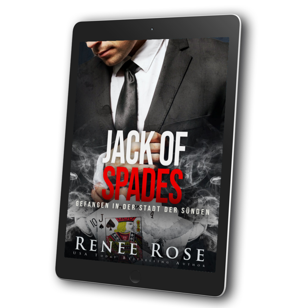 Image of an ebook. The cover features a man in a black and white suit and tie. Underneath him is smoke and cards featuring the jack of spades. In white and red text is the title "Jack of Spades Gefangen in der stadt der sunden." On the bottom of the cover in white text "Renee Rose USA Today Bestselling Author"