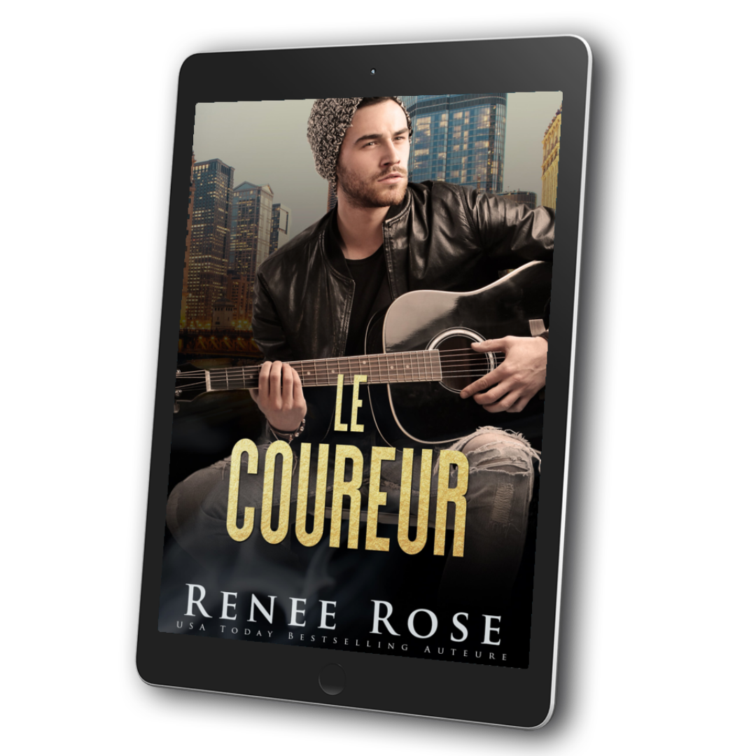 Image of an ebook. The cover features a scruffed man in ripped jeans, a black shirt, black leather jacket, and a beanie. he is holding a black guitar. In gold text is the title "Le Coureur." On the bottom of the cover in white text is "Renee Rose USA Today Bestselling Auteur"