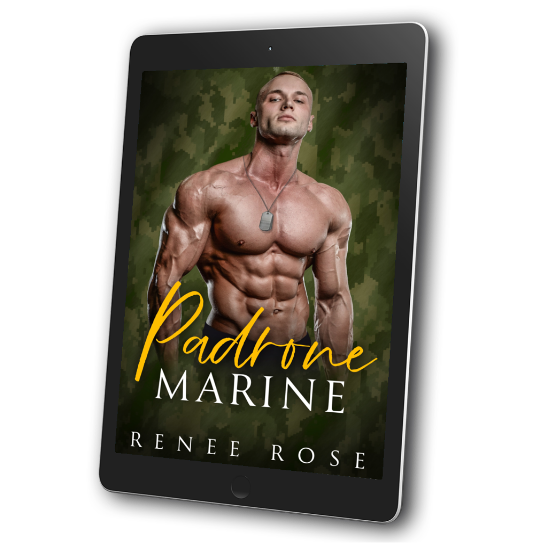 Image of an ebook. The cover's background is green cameo. A shirtless, white blond man with a dog-tag is featured on the cover. In yellow and white text is the title: "Padrone Marine." On the bottom in white text is "Renee Rose"