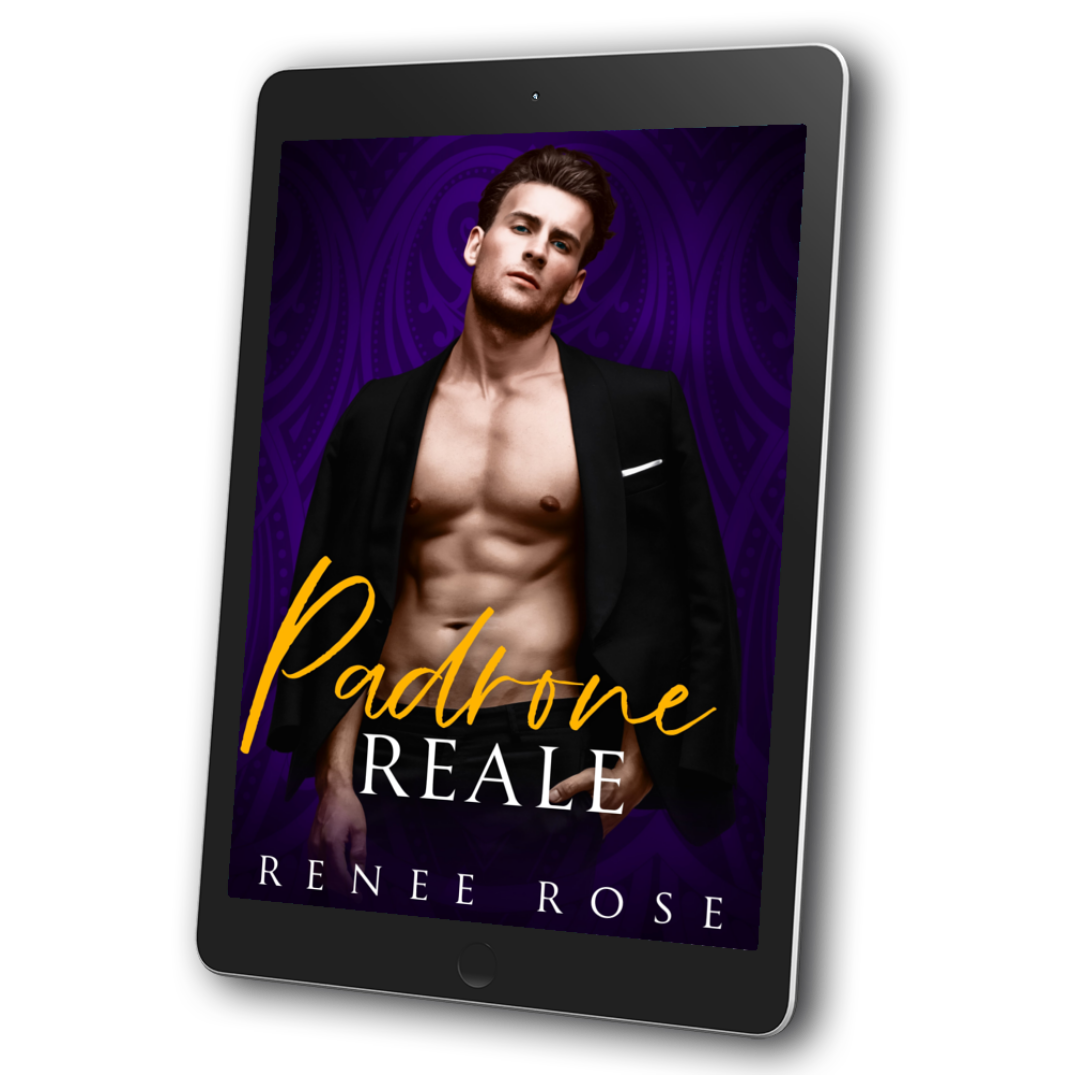 Image of an ebook. The cover's background is purple. Featured on the cover is a buff, shirtless man who has a suit jacket hanging on his shoulders. In yellow and white text is the tite: "Padrone Reale." On the bottom of the cover in white text is "Renee Rose"