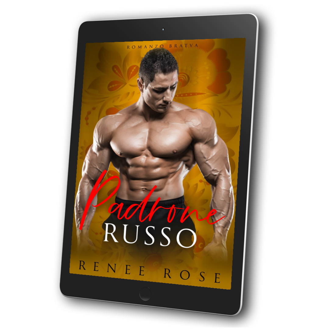 Image of an ebook. The background of the cover is orange floral. The cover features a buff, flexing man with black hair who is looking to the right. On the top of the cover in black text is "Romanzo Bratva." In red and white text the title is "Padrone Russo." On the bottom in black text is "Renee Rose"