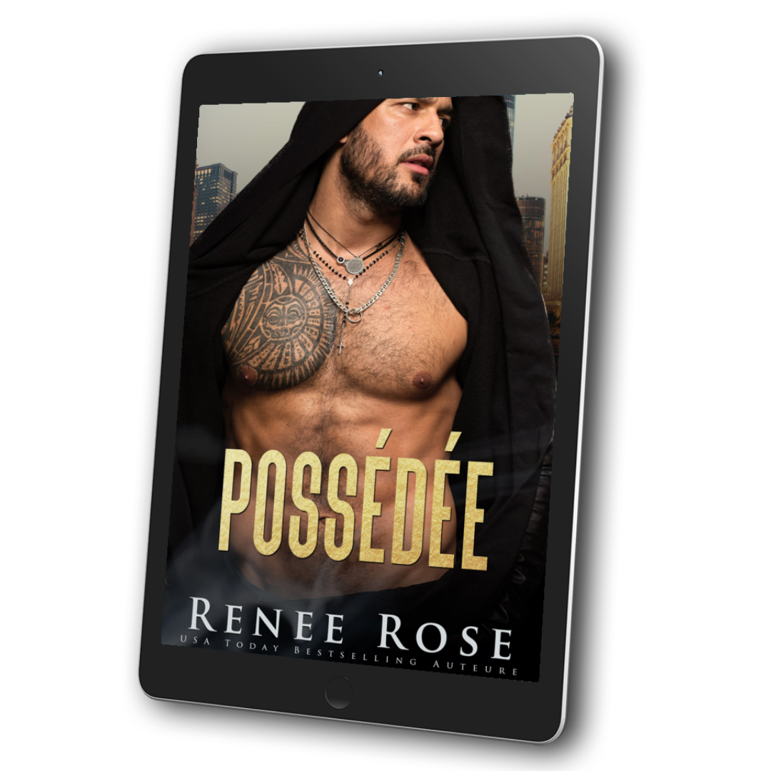 Image of an ebook. The cover features a shirtless man with a chest tattoo. He is wearing several chains around his neck and a black hood. In gold text is the title "Possedee." On the bottom of the cover in white text is "Renee Rose USA Today Bestselling Auteure"