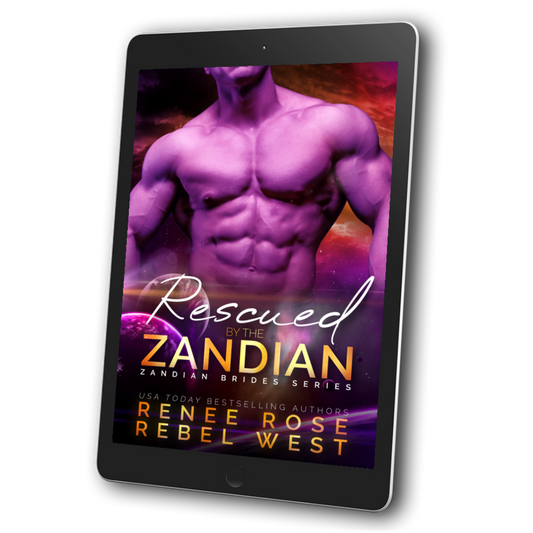 Image of an ebook. The cover features a buff, shirtless man in purple lighting. In the background is the sky and planets. In white and gold text is the title "Rescued by teh Zandian Zandian Brides Series." On the bottom of the cover in white and gold text is "USA Today Bestselling Authors -- Renee Rose Rebel West"