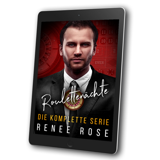 Image of an ebook. The cover background is red and features a roulette wheel. It features a white man with black hair and black beard. In white text  is the title "Roulettenachte." In gold and white text on the bottom of the cover is "Die Komplette Serie Renee Rose"