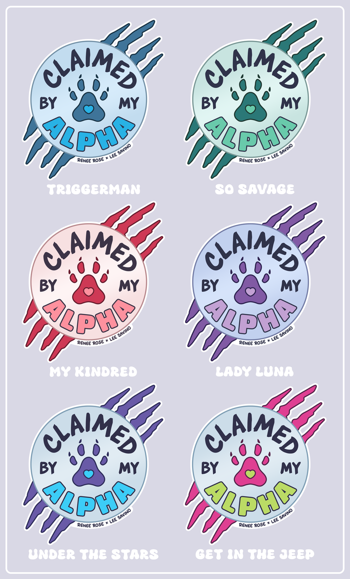 Six circular decals or stickers arranged in a 2x3 grid on a light gray background. Each sticker features the phrase 'CLAIMED BY MY ALPHA' around a paw print, with different accent colors and stylized claw marks.