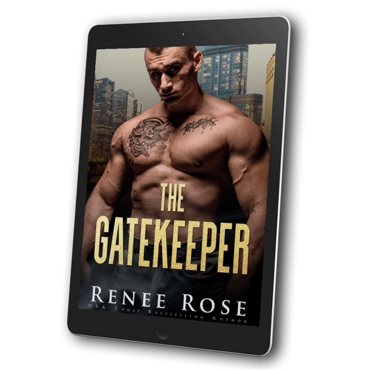 An image of an ebook. The cover features a shadowed buff, shirtless, tattooed, white man. In yellow text is the title of the book "The Gatekeeper." On the bottom of the cover in white text is "Renee Rose --- USA Today Bestselling Author"