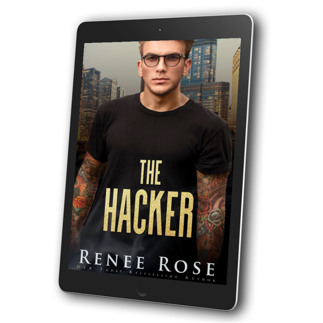 An image of an ebook. The cover features a tattooed, white man wearing a tight black t-shirt. He is wearing black glasses. In yellow text the book is titled "The Hacker." On the bottom of the cover in white text is "Renee Rose -- USA Today Bestselling Author"