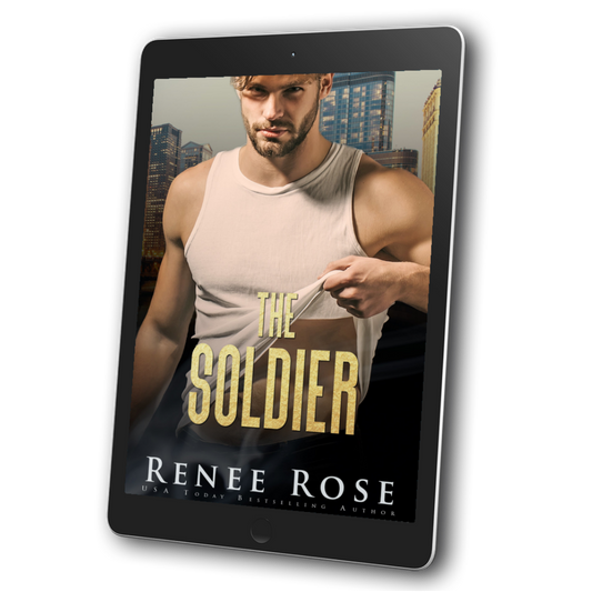 An image of an ebook. The cover features a slightly bearded white man wearing a white tank-top. He is pulling the tank top up to show his abs. In yellow text is the book title "The Soldier." On the bottom of the cover in white text is "Renee Rose -- USA Today Bestselling Author"