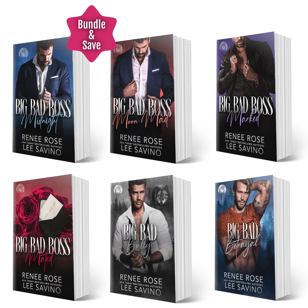 Six romance novel book covers arranged in a 2x3 grid on a white background, with a pink 'Bundle & Save' badge at the top left. The books are titled Big Bad Boss by Lee Savino & Renee Rose, featuring different male protagonists and dramatic cover designs in dark blue, red, black, and white tones.