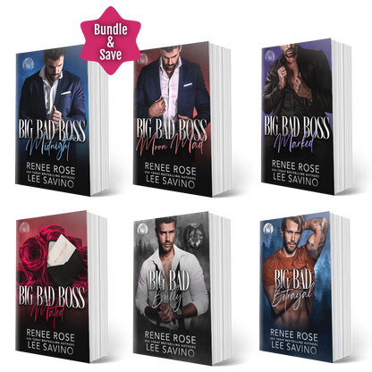 Six romance novel book covers arranged in a 2x3 grid on a white background, with a pink 'Bundle & Save' badge at the top left. The books are titled Big Bad Boss by Lee Savino & Renee Rose, featuring different male protagonists and dramatic cover designs in dark blue, red, black, and white tones.