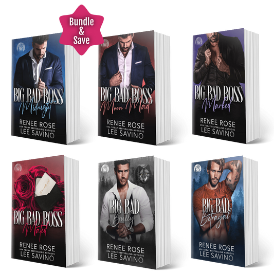 Six romance novel book covers arranged in a 2x3 grid on a white background, with a pink 'Bundle & Save' badge at the top left. The books are titled Big Bad Boss by Lee Savino & Renee Rose, featuring different male protagonists and dramatic cover designs in dark blue, red, black, and white tones.