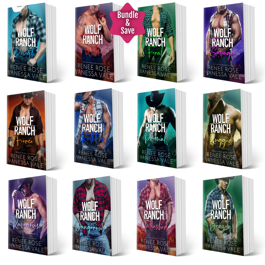 A 12-book bundle display of Wolf Ranch romance novels by Renée Rose and Vanessa Vale, arranged in a 3x4 grid with a pink 'Bundle & Save' badge at the top center. Each book cover features a different romantic western-themed cover design with male protagonists.