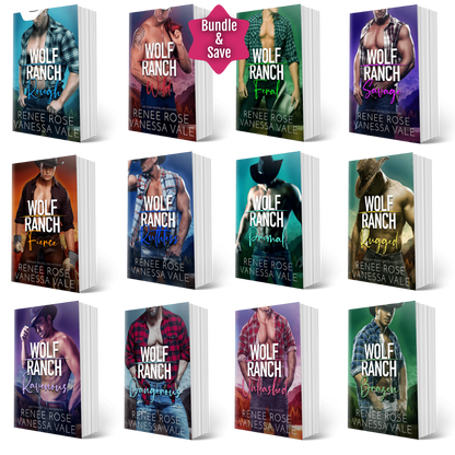 A 12-book bundle display of Wolf Ranch romance novels by Renée Rose and Vanessa Vale, arranged in a 3x4 grid with a pink 'Bundle & Save' badge at the top center. Each book cover features a different romantic western-themed cover design with male protagonists.