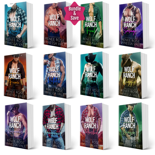 A 12-book bundle display of Wolf Ranch romance novels by Renée Rose and Vanessa Vale, arranged in a 3x4 grid with a pink 'Bundle & Save' badge at the top center. Each book cover features a different romantic western-themed cover design with male protagonists.