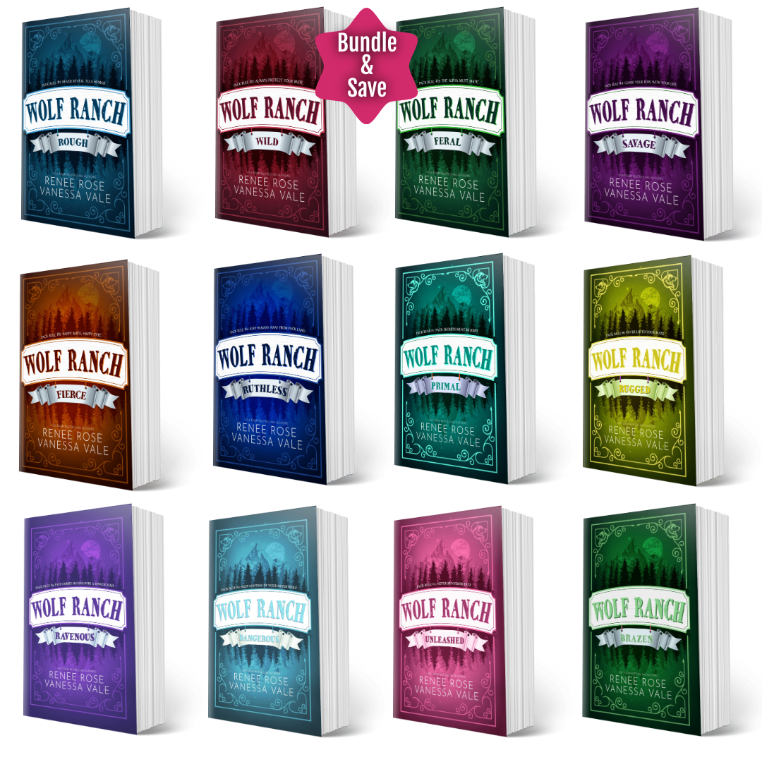 A bundle display of 12 romance novel book covers titled 'Wolf Ranch' by Kenzie Rose and Vanessa Vale, arranged in a 3x4 grid on a white background with a pink 'Bundle & Save' badge at the top center.