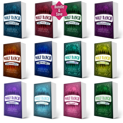 A bundle display of 12 romance novel book covers titled 'Wolf Ranch' by Kenzie Rose and Vanessa Vale, arranged in a 3x4 grid on a white background with a pink 'Bundle & Save' badge at the top center.