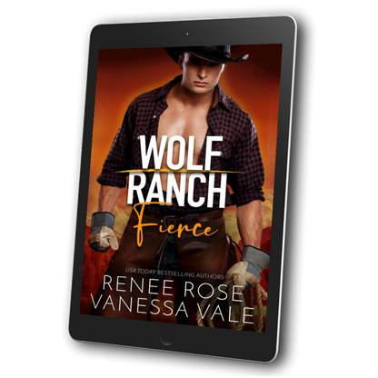 Image of an ebook. The cover is orange and features a buff white man in an unbuttoned black flannel, jeans, a black cowboy hat, and working globes. He is holding rope. In white and orange text is title "Wolf Ranch Fierce." On the bottom of the cover in white text is "USA Today Bestselling Authors -- Renee Rose Vanessa Vale"