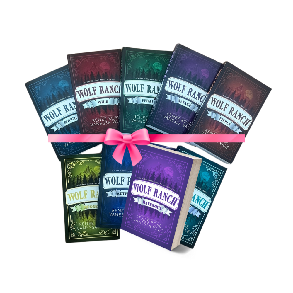 Collection of 'Wolf Ranch' books tied together with a pink ribbon on a white background