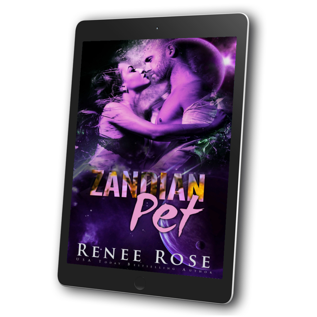 Image of an ebook. The cover features a women with black hair in black undergarments about to kiss a buss white man. she is taking the man's jacket off. In the background is planets and a purple star. In purple text is the title "Zandian Pet." On the bottom of the cover in white text is "Renee Rose -- USA Today Bestselling Author"