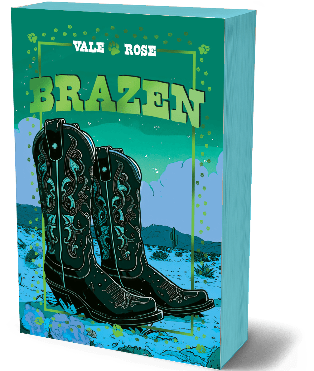 A boxed book or album cover titled 'BRAZEN' by Vale & Rose, shown at a slight angle against a white background. The front cover features illustrated black cowboy boots on a turquoise and blue desert landscape with the title in large yellow-green letters.