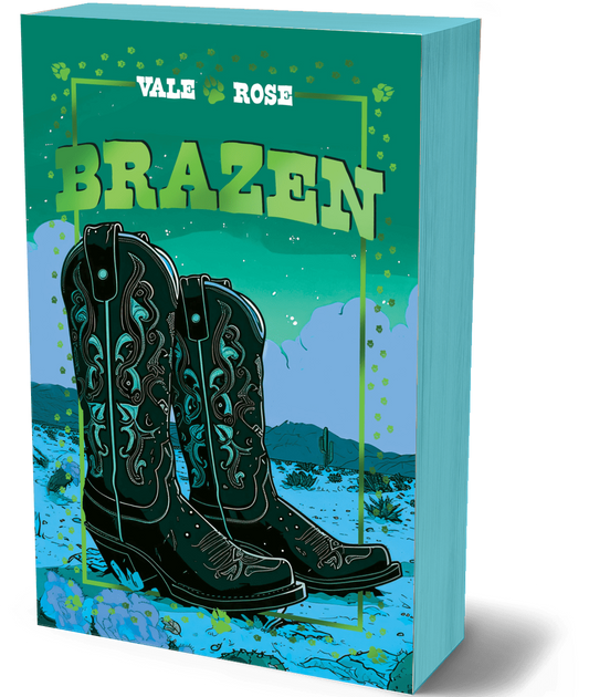 A boxed book or album cover titled 'BRAZEN' by Vale & Rose, shown at a slight angle against a white background. The front cover features illustrated black cowboy boots on a turquoise and blue desert landscape with the title in large yellow-green letters.