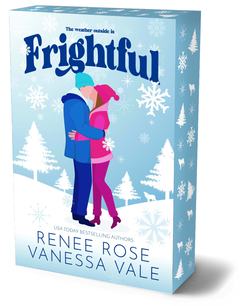 Book box for the novel 'Frightful' by Renée Rose and Vanessa Vale, featuring a light blue winter-themed cover with an illustration of a couple hugging in the snow, surrounded by snowflakes and trees.