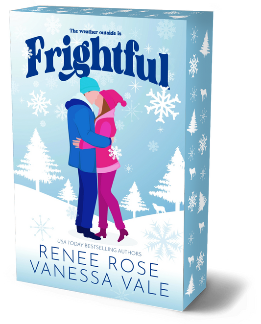 Book box for the novel 'Frightful' by Renée Rose and Vanessa Vale, featuring a light blue winter-themed cover with an illustration of a couple hugging in the snow, surrounded by snowflakes and trees.