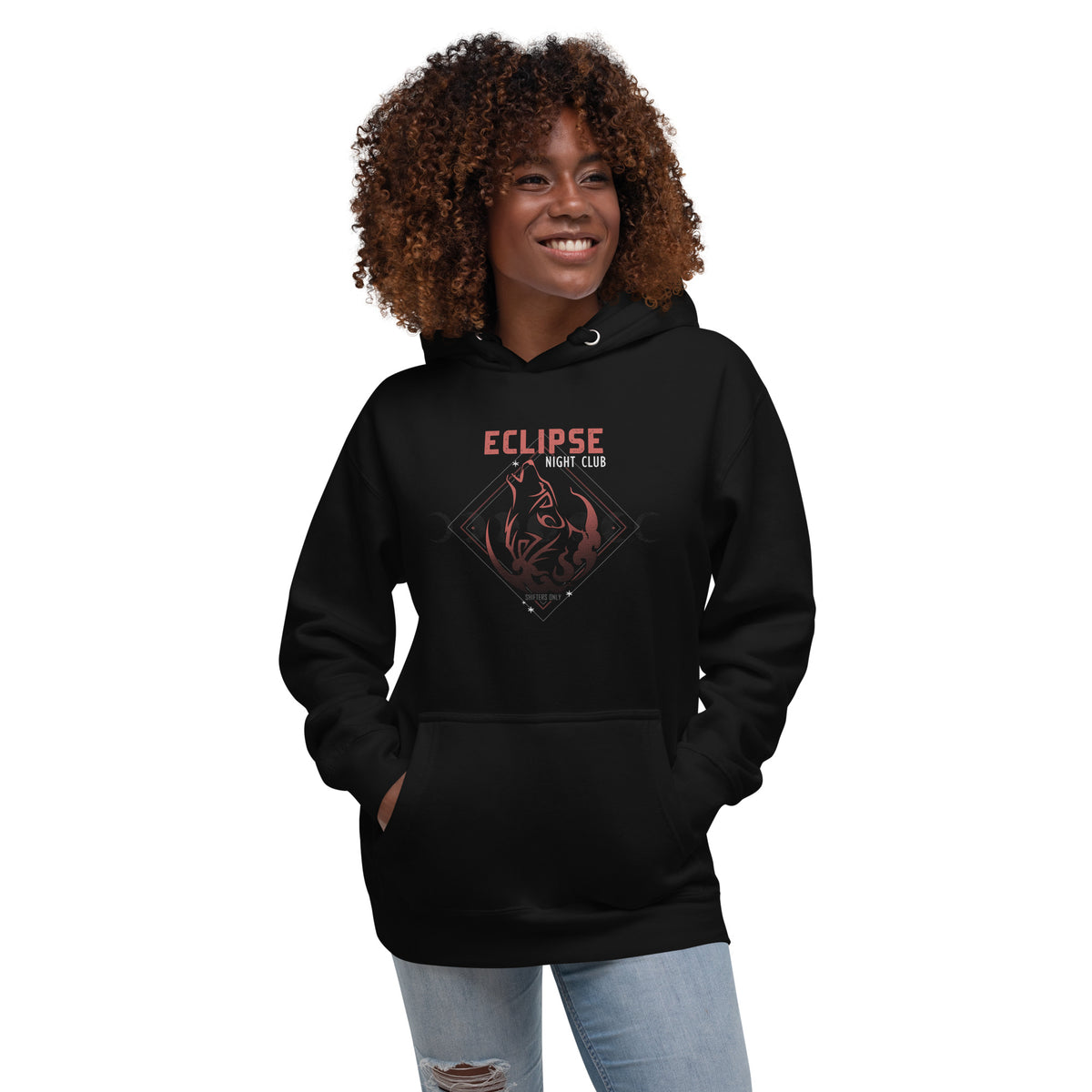 A woman wearing black pullover hoodie with a graphic of a deer head inside a geometric frame on the chest, with the text Eclipse Night Club