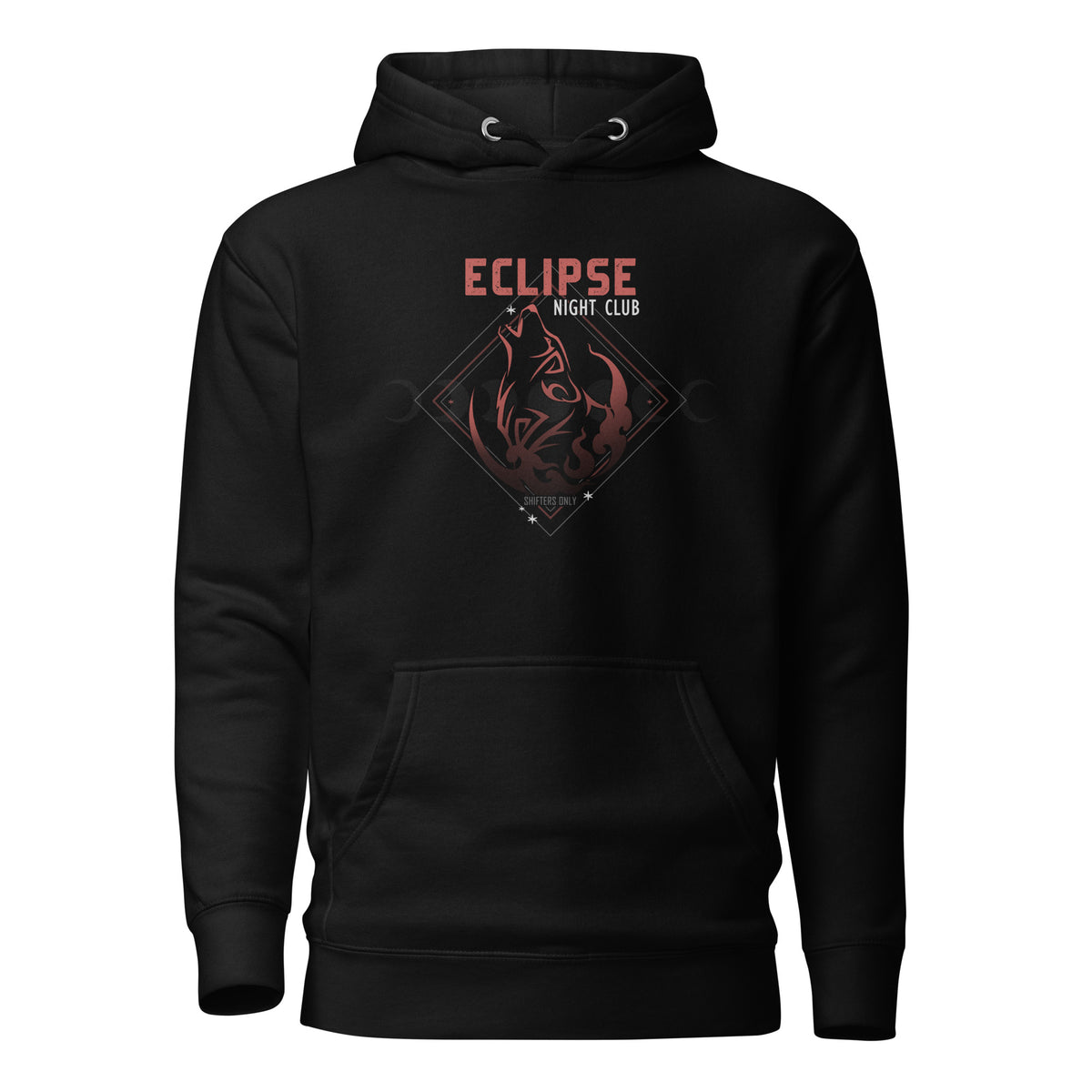 A black pullover hoodie with a graphic of a deer head inside a geometric frame on the chest, with the text Eclipse Night Club