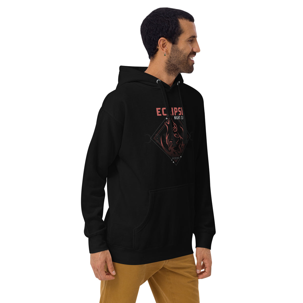 A man wearing a black pullover hoodie with a graphic of a deer head inside a geometric frame on the chest, with the text Eclipse Night Club