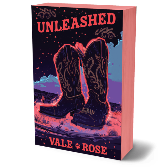 A 3D book mockup of 'Unleashed' by Vale & Rose, featuring a dark western-themed cover with a pair of cowboy boots under a starry sky, with pink and purple tones.